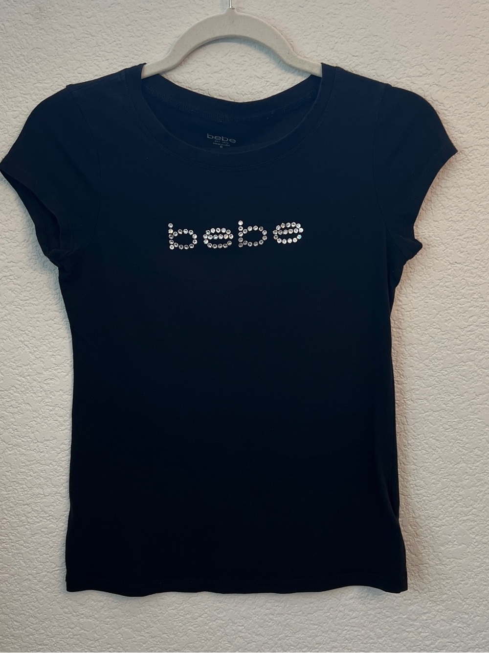 Bebe Black Short Sleeve Tee with Rhinestone Logo Small